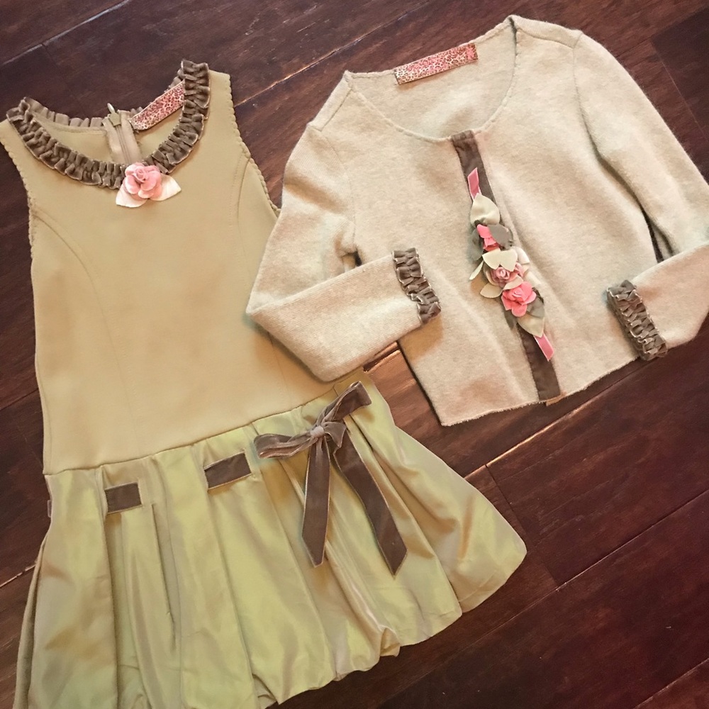 Designer pleated dress and matching cardigan